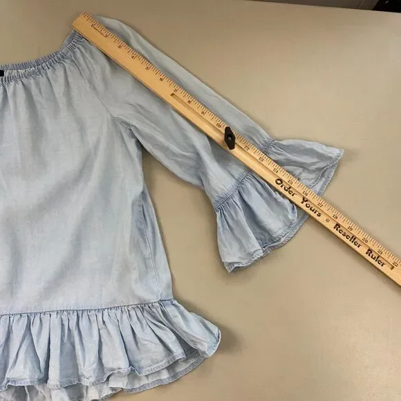 Sanctuary Top Womens XS Chambray Denim Ruffled Boho Bell Sleeve Feminine Blue - Picture 5 of 10